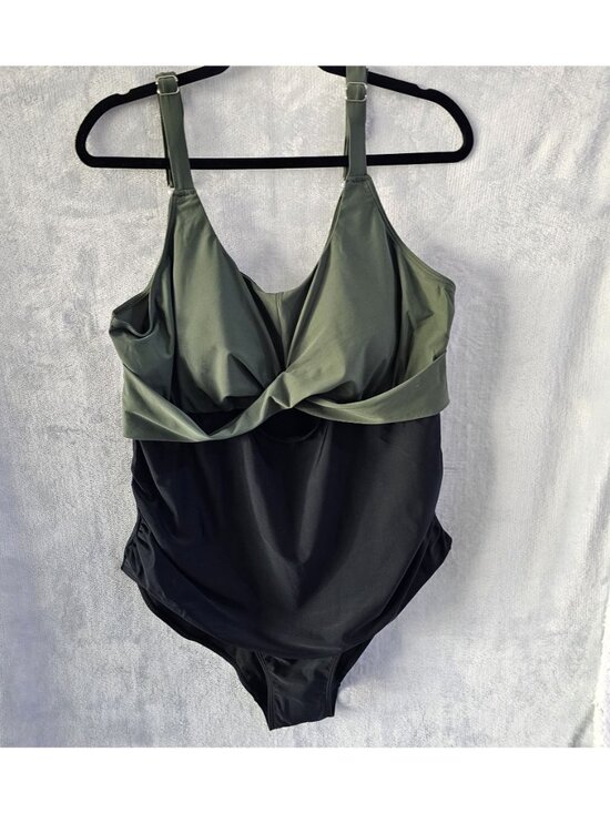 🆕3XL Army Green Black Criss Cross Cutout One Piece Swimsuit NWOT - Picture 2 of 4